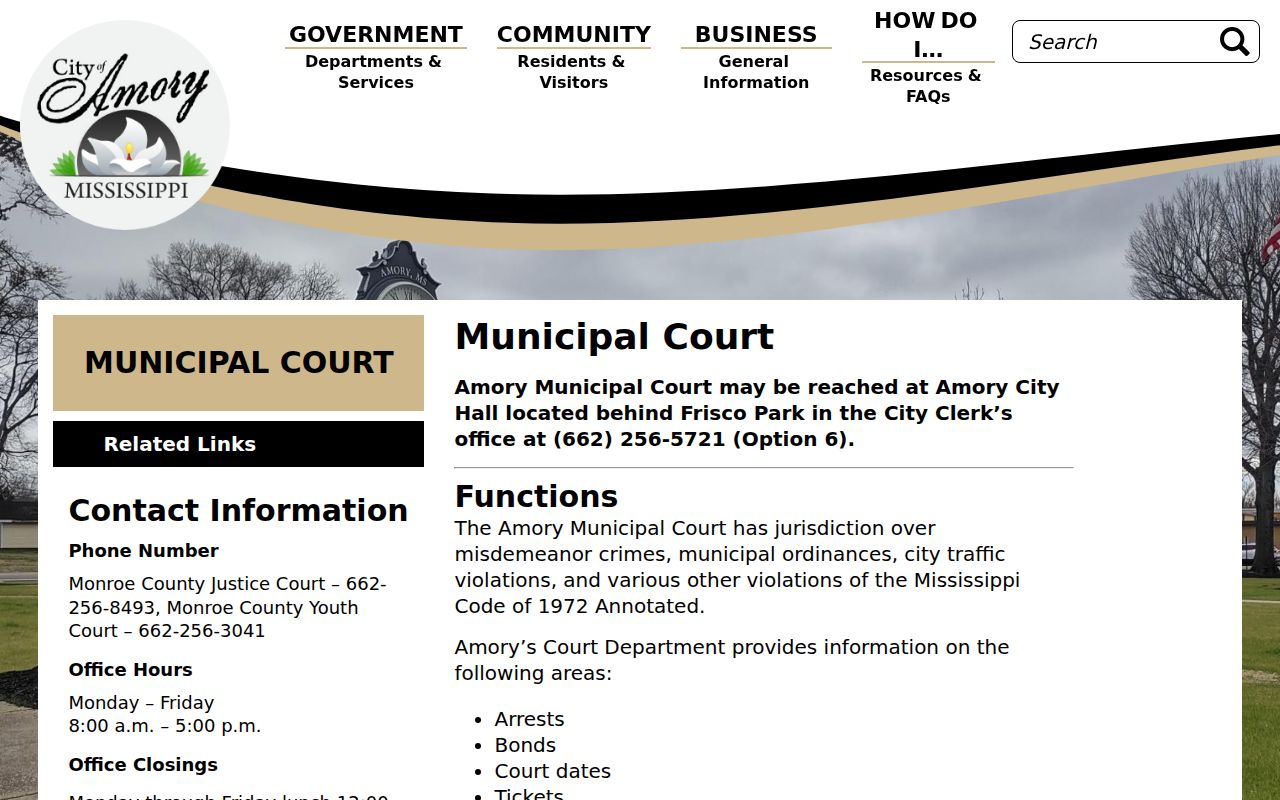 Official Amory Municipal Court page in Monroe County