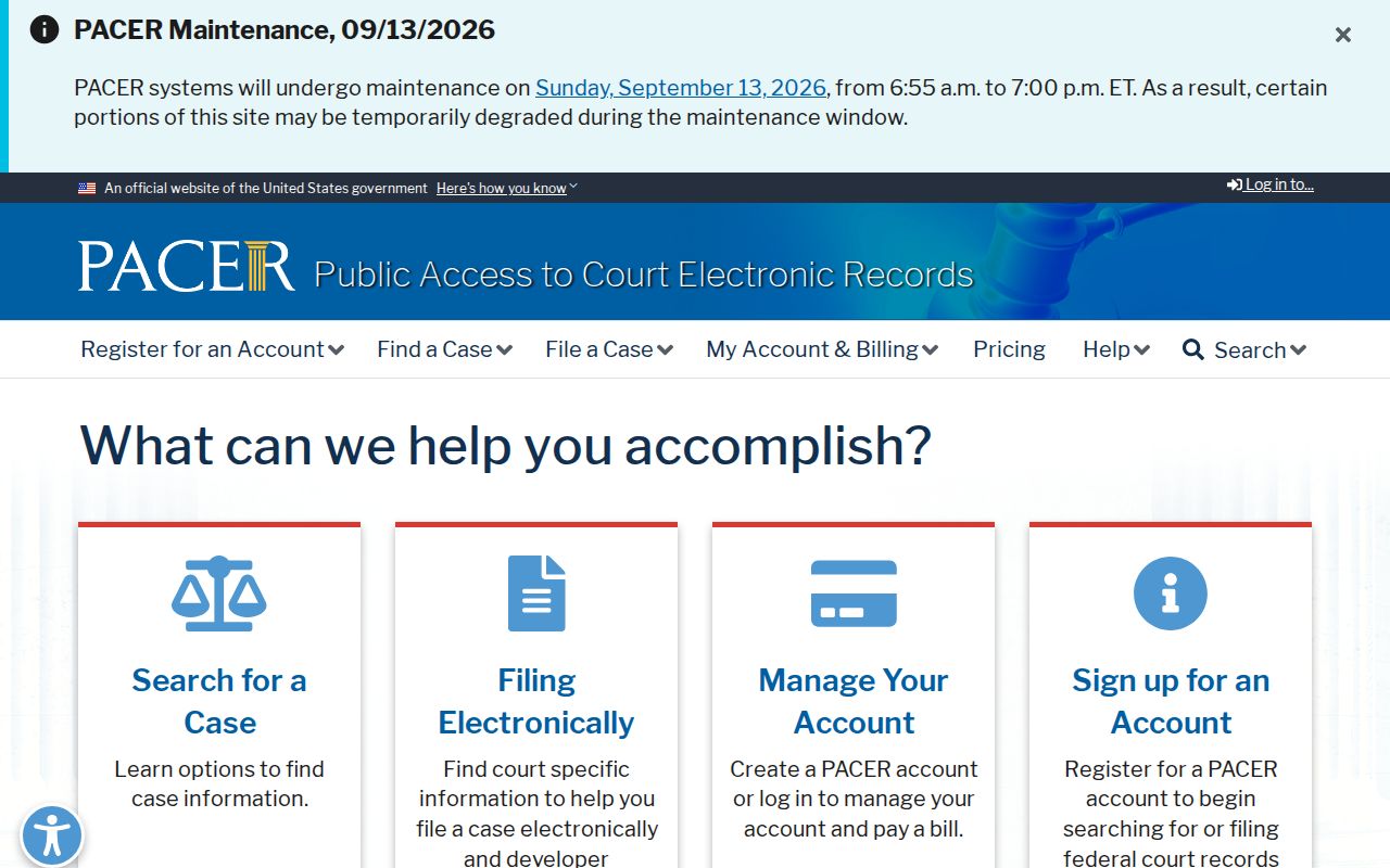 Federal PACER landing page for docket access, not a Monroe County warrant roster